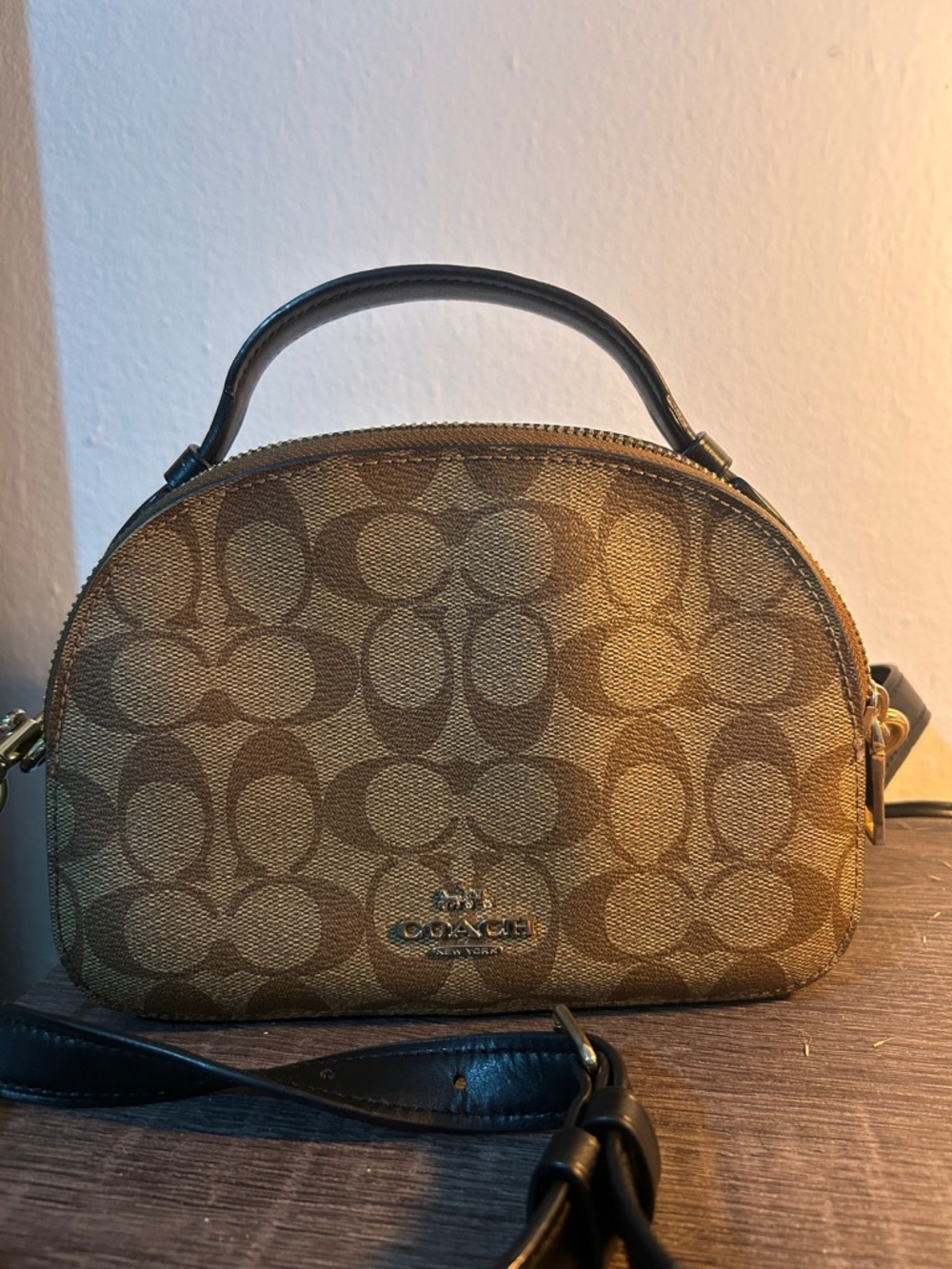 Coach Brown Signature Canvas Dome Crossbody with Black Leather Trim
